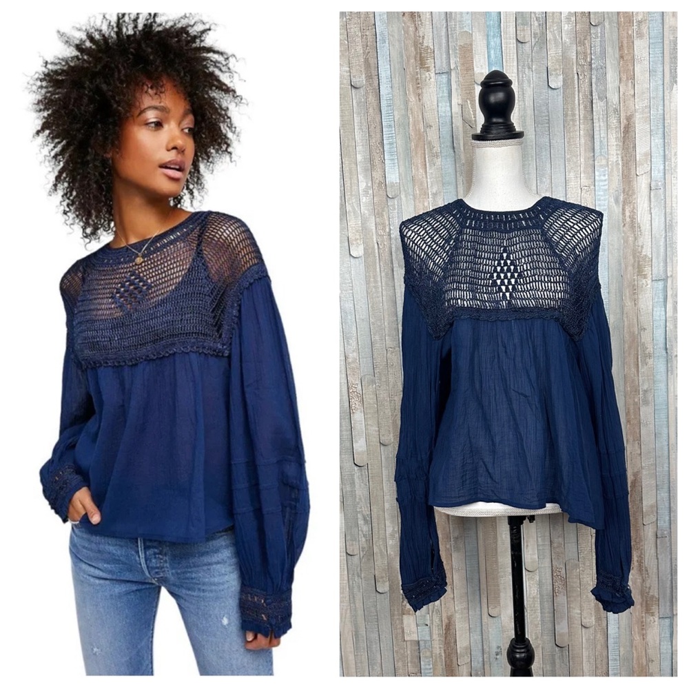 Free People M Navy Blue Gauze Crochet Lace Bib‎ Early Frost Top Blouse Boho
